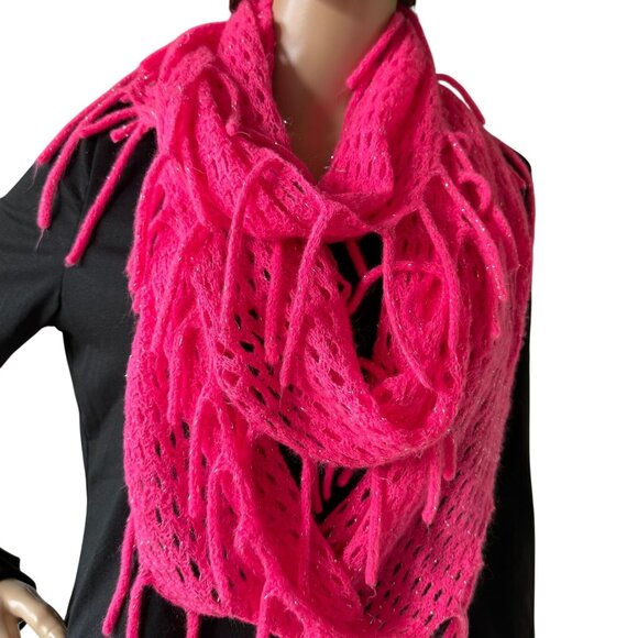 Hot Pink Infinity Scarf One Size Festival Knit Fringe Soft Metallic Thread - Picture 11 of 12